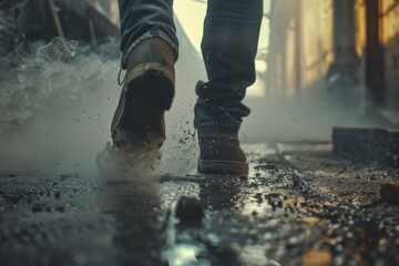 A person walking in the rain with shoes on, great for weather or travel themed projects