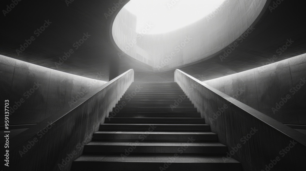 Poster a set of stairs in a classic black and white photograph, suitable for use as a background or to add 