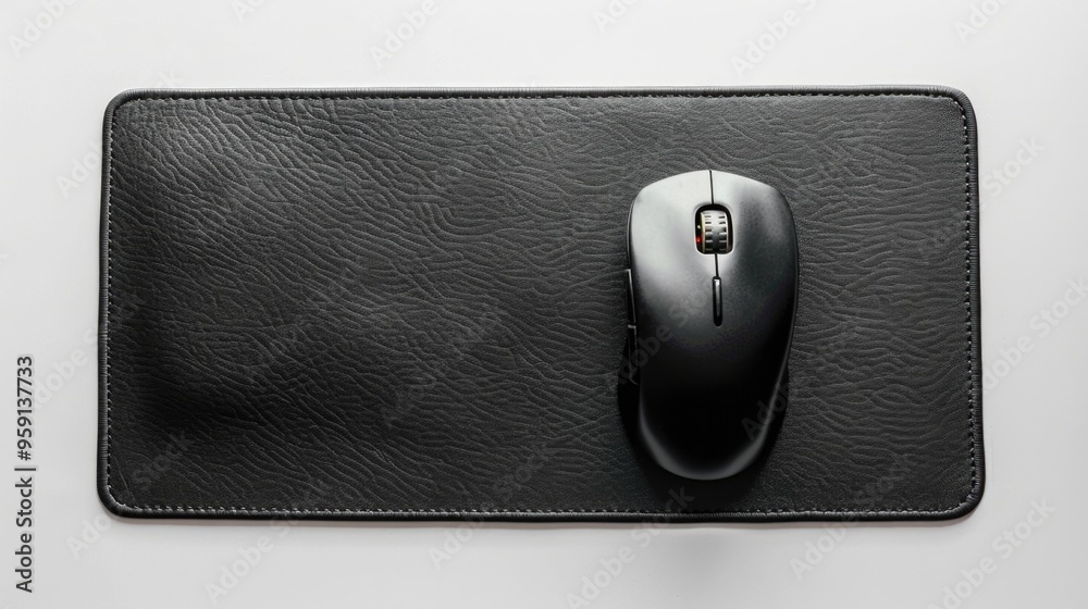 Poster A computer mouse resting on a dark-colored mouse pad, perfect for use in a minimalist workspace or as an accent in a tech-themed design