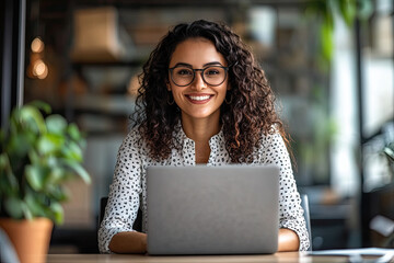 Happy Latin business lady working at laptop in office looking at you. Happy young businesswoman professional using computer sitting at desk thinking of corporate technology ai solutions.	