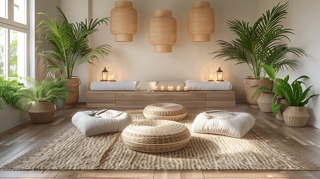 yoga practice room, with natural elements like plants, candles, pillows, minimalist interior decoration