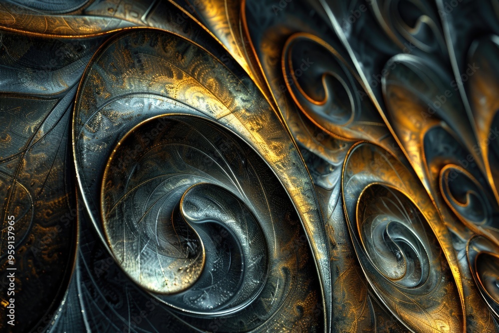 Poster close-up shot of a metal object featuring a spiral design, ideal for use in technology, industry or 