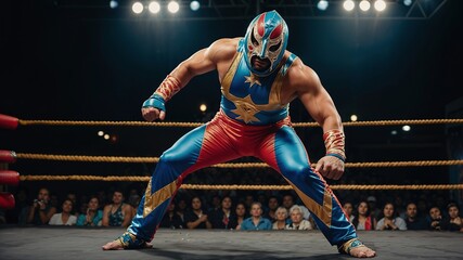 An adult Mexican wrestler, wearing a striking mask, stands in fighting position inside the ring.