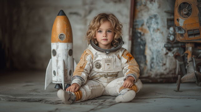 A young child in a vintage astronaut suit sits beside a toy rocket, evoking dreams of space exploration and adventure with a curious gaze