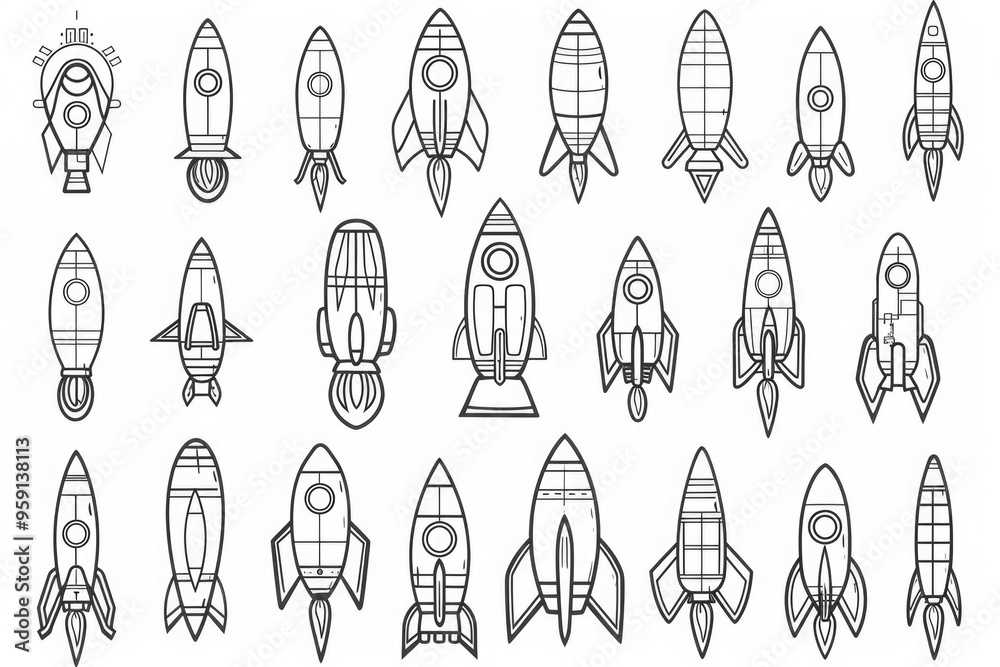 Poster A collection of rockets with various shapes and sizes