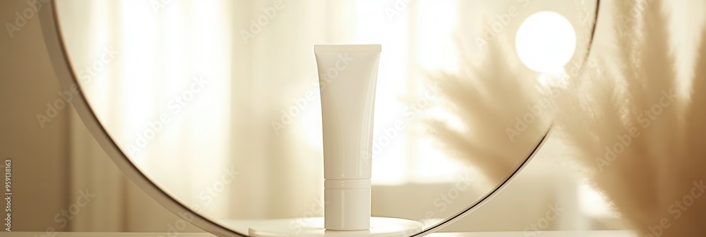 Aufkleber a tube of cream sits centered in front of a mirror, reflecting its form against a backdrop of soft, 