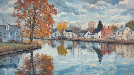 Obraz premium Painted riverside town in autumn