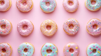 An incredibly attractive assortment of pastelcolored donuts, beautifully arranged against a soft pink background, making them perfect for festive occasions or to satisfy a sweet craving at any time