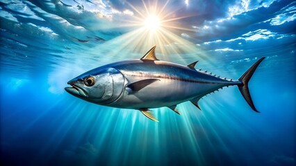 Obraz premium a tuna fish swimming swiftly through the sunlit ocean waters, showcasing its streamlined body and agility.