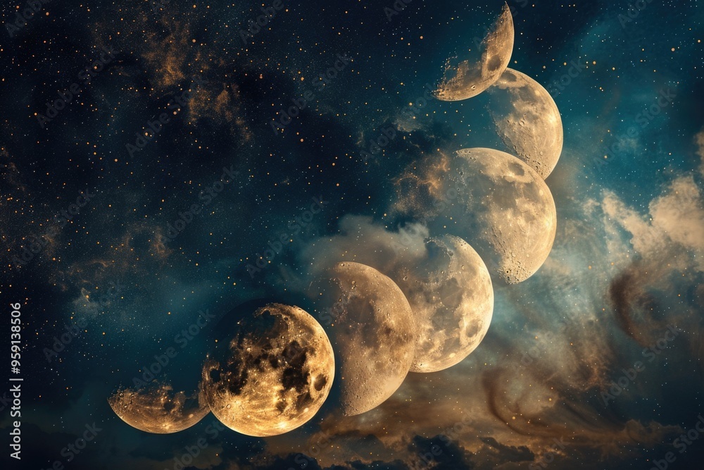 Poster a depiction of different moon phases against a dark blue night sky, ideal for use in astronomy or sc