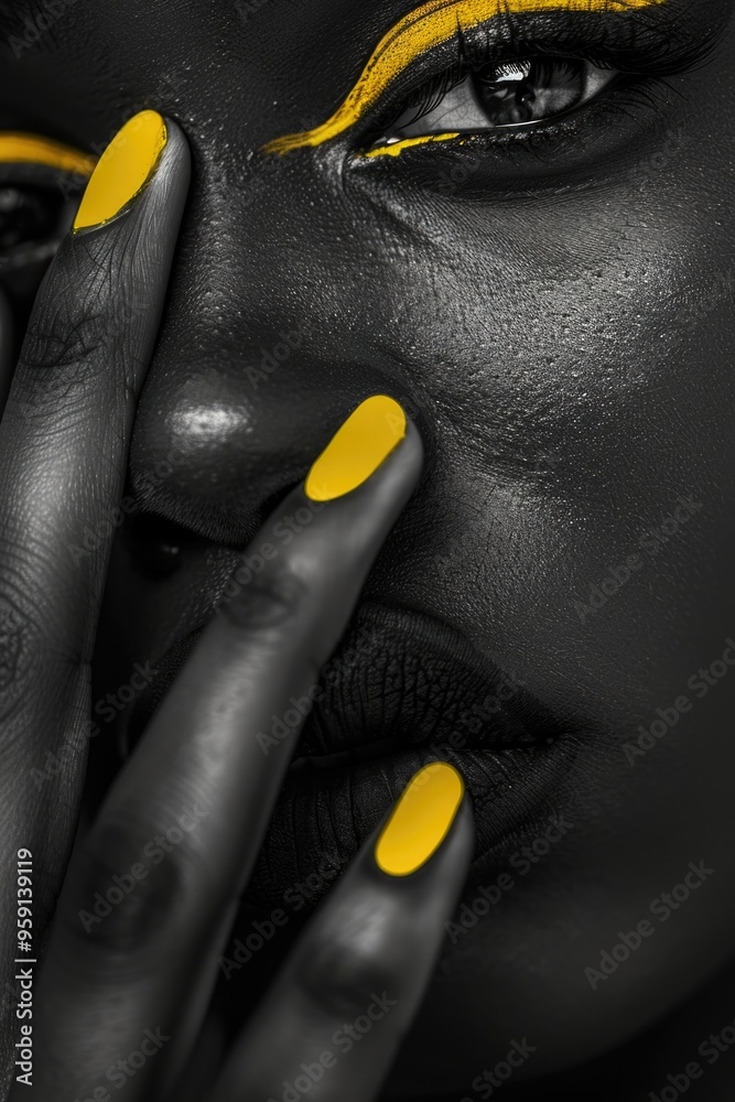 Poster a close-up shot of a person with yellow facial paint, ideal for use in creative projects or as a ref