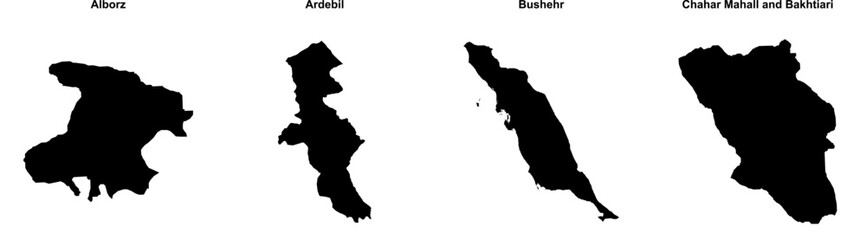 Alborz, Ardebil, Bushehr, Chahar Mahall and Bakhtiari outline maps