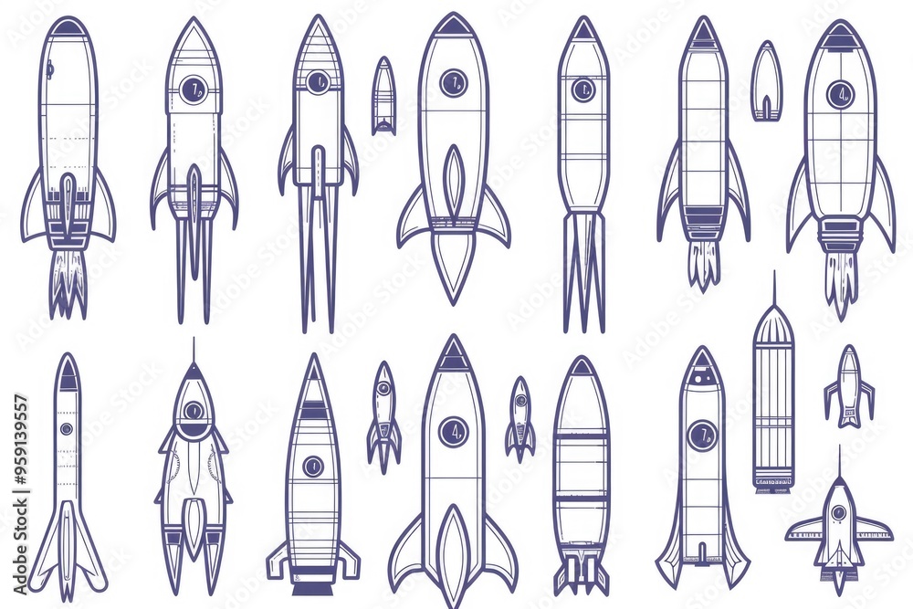 Poster a collection of rockets in different stages and positions