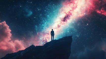 Fototapeta premium Silhouette of Person on Cliff Against Starry Sky and Galaxy