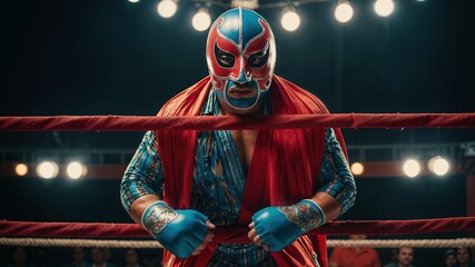An adult Hispanic wrestler, dressed in mask and wrestling costume, wrestling concept.