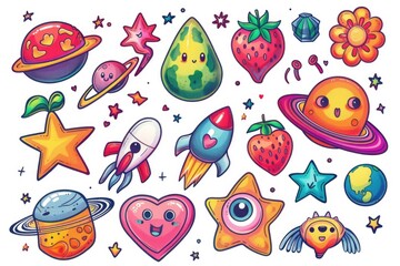 A collection of colorful cartoon space-themed items including spaceships, planets, stars, and astronauts