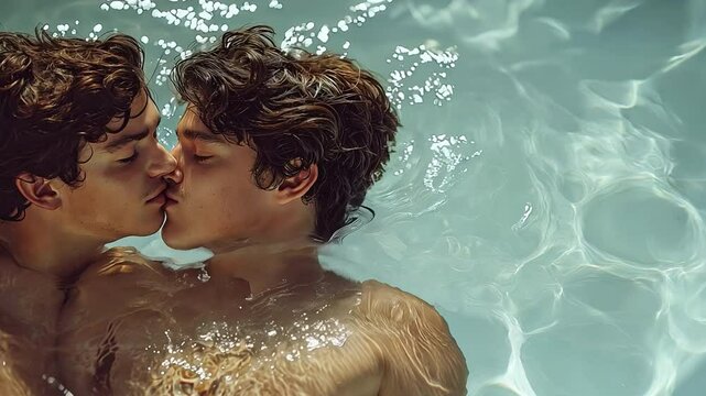 A gay couple unwinding in the pool. Gay. Two young males sharing a hug and kissing