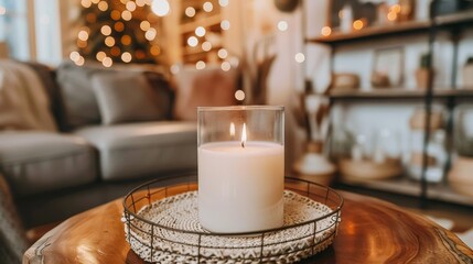 Softly glowing candlelight in holder with cozy blurred background for a warm ambiance