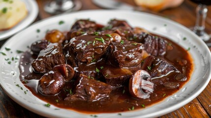 Fototapeta premium A savory and satisfying plate of beef bourguignon, with tender chunks of beef, mushrooms, and a rich, red wine sauce