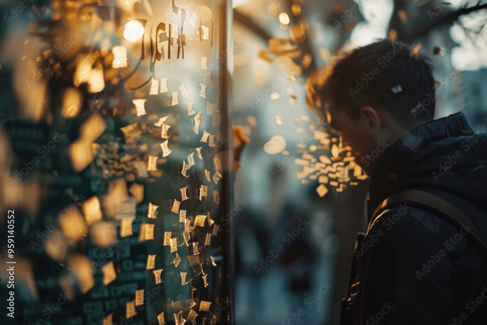 Poster A person stands in front of a window filled with colorful post-it notes, possibly planning or organizing