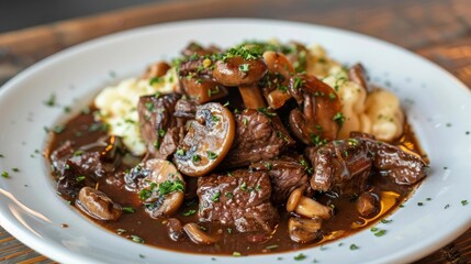 A savory and satisfying plate of beef bourguignon, with tender chunks of beef, mushrooms, and a rich, red wine sauce