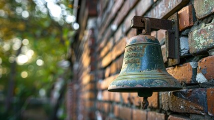 Fototapeta premium A school bell mounted on a brick wall outside.