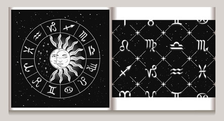 Horoscope wheel with sun eclipse, seamless geometric pattern with icons of all zodiac signs, stars. Classic square geometric diagonal net grid background. Esoteric mystic concept.
