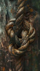 A close-up of a rusty rope tied in a knot.