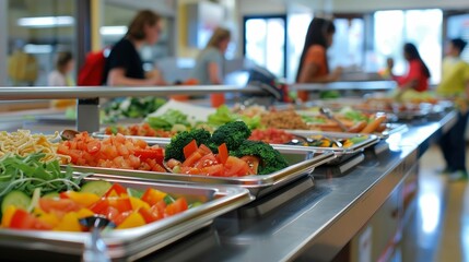 Obraz premium A school cafeteria with healthy lunch options displayed on trays.