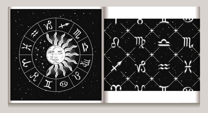 Horoscope wheel with sun eclipse, seamless geometric pattern with icons of all zodiac signs, stars. Classic square geometric diagonal net grid background. Esoteric mystic concept.