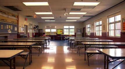A school cafeteria with tables neatly arranged and ready for lunch.