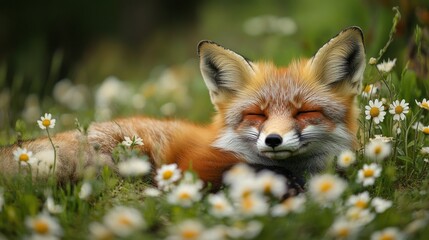 Obraz premium Sleeping Fox Among Daisies