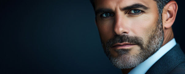 A sophisticated banner featuring a confident middle-aged man looking directly at the camera. A dark, elegant background. Ideal for professional services, luxury goods, or automotive ads.