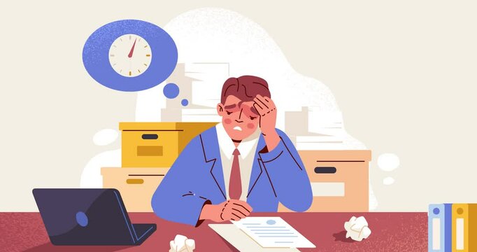 Emotional burnout at work. Moving banner with tired and sad male office worker suffering from headache and stress. Entrepreneur overloaded by paperwork and tasks. Cartoon flat animated graphics
