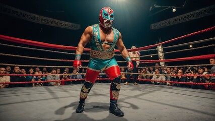  Close-up of an adult Mexican wrestler getting ready in the ring .Concept lucha libre