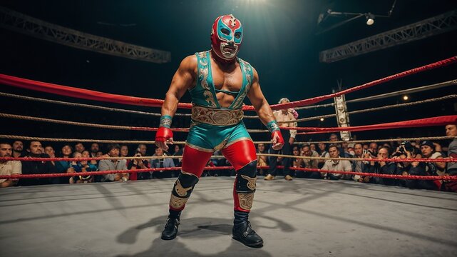  Close-up of an adult Mexican wrestler getting ready in the ring .Concept lucha libre
