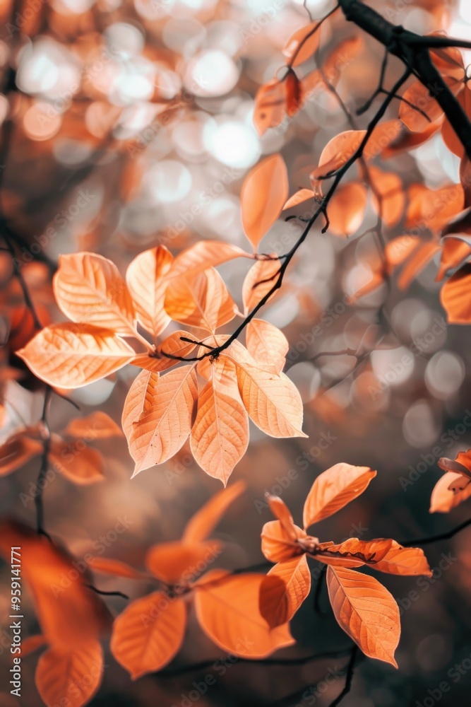 Poster A close-up shot of leaves on a tree branch, ideal for use in nature or environmental context