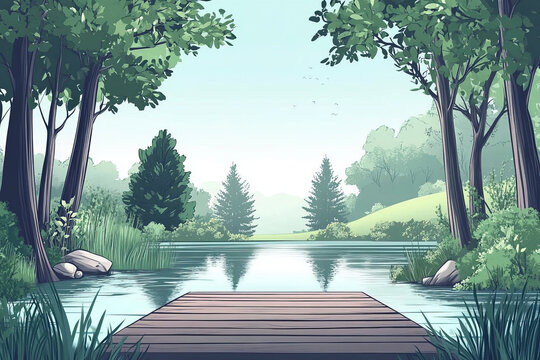 A tranquil cartoon backdrop of a river with calm waters, tall trees on either side, and a small wooden bridge. The scene is peaceful and serene, with soft colors and a gentle breeze.