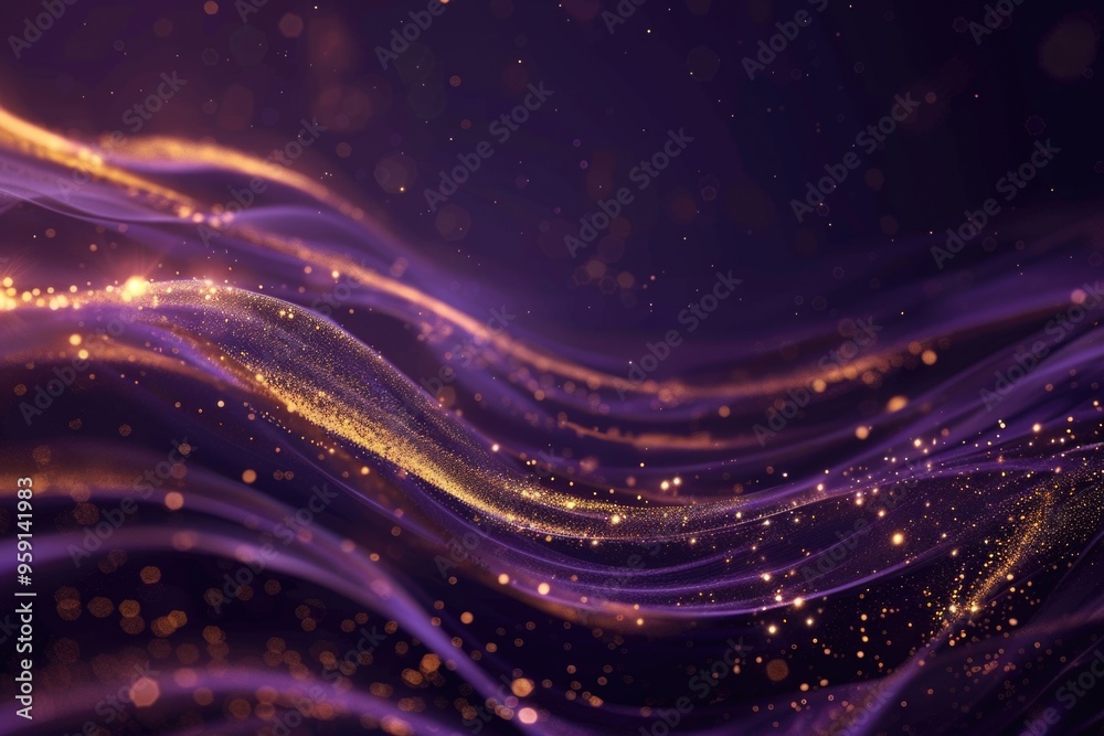 Poster abstract background with waves and sparkles in purple and gold colors
