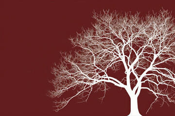 A simple white line drawing on a deep maroon background of a tree with bare branches. The bold color emphasizes the stark beauty of the tree.