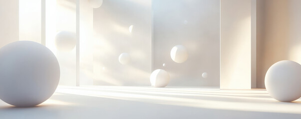 A modern 3D light white background with floating geometric shapes and gentle, diffused light. The design features a clean, futuristic appearance with smooth, layered textures.