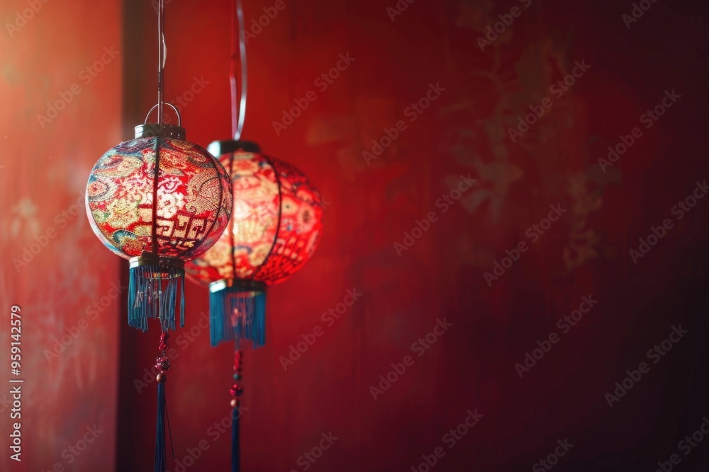 Poster a pair of string lights suspended from a bright red wall