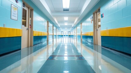 Obraz premium A school hallway with bright lights and clean floors.