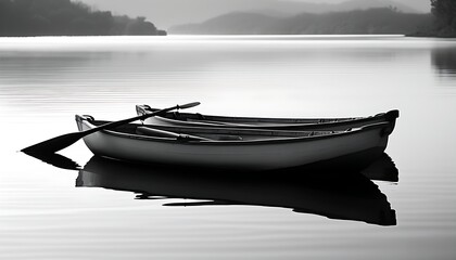 The black and white picture shows a pair of paddles resting quietly on the calm water, showing an atmosphere of tranquility and concentration.