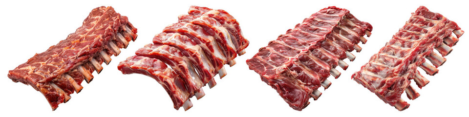 Raw ribs isolated on transparent background, set of