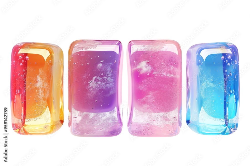 Aufkleber a row of four differently colored soap bars on a white background