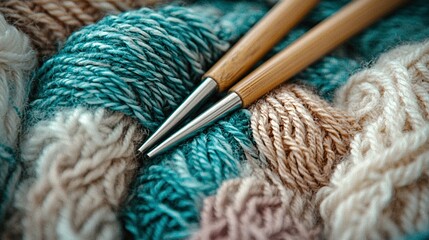   A pair of knitting needles rest atop a blue-and-white knitted blanket, with a ball of yarn nearby