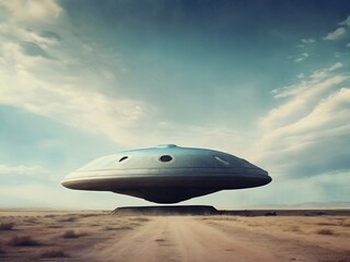Obraz premium A metallic flying saucer hovers above a desert landscape under an expansive sky at twilight
