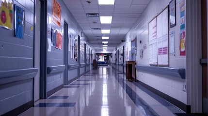 A school hallway with motivational posters on the walls.