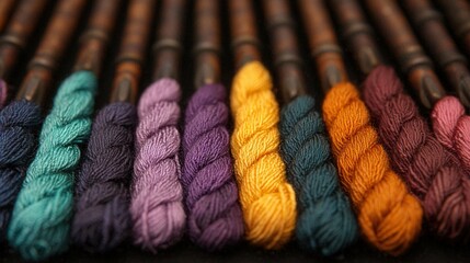   A row of vibrant yarns stacks atop one another on a wooden surface
